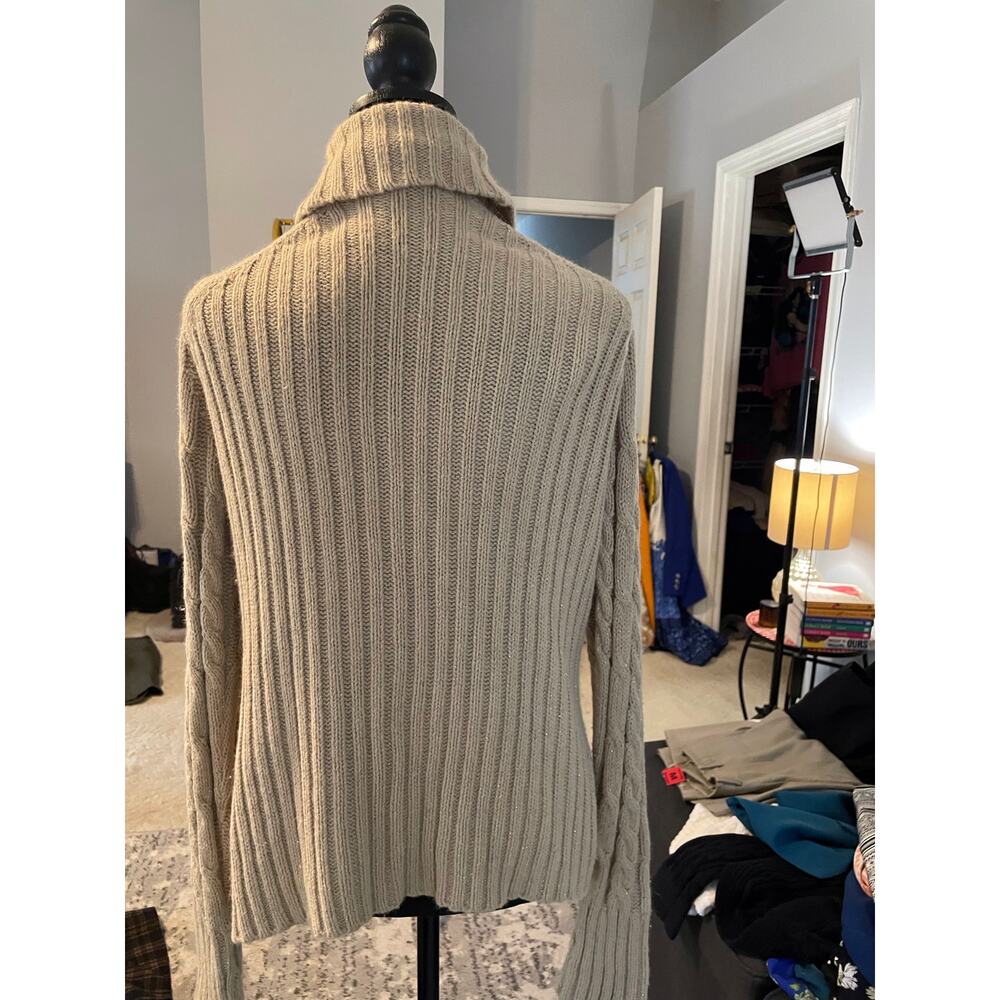 St John's Bay Cable Knit Cardigan Large Camel Gold Metallic Fisherman Sweater - Picture 4 of 5